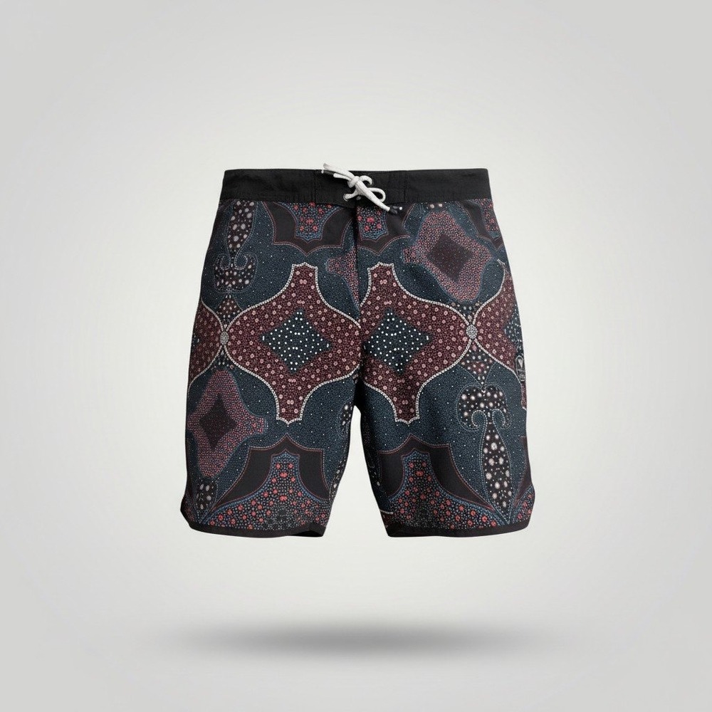 Vissla Bohemian Board Shorts Swim Men 36 Black Red Upcycle Coconut Stretch Surf
